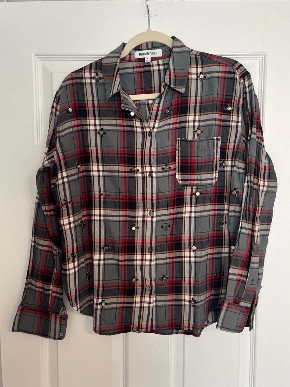 Elizabeth and James Embellished Red, Gray & Black Plaid Button-Down Shirt